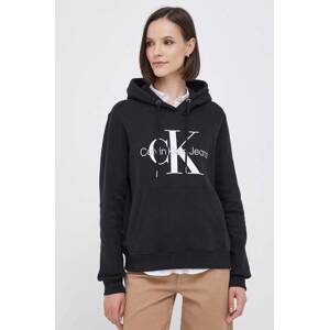 Pamučna dukserica Calvin Klein Jeans za žene, boja: crna, s kapuljačom, s tiskom, J20J219141
