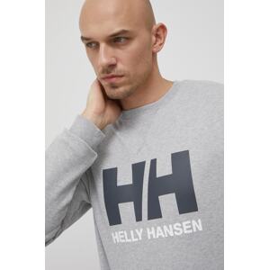 Pamučna dukserica Helly Hansen za muškarce, boja: siva, s tiskom, 34000