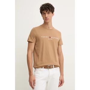 Pamučna majica Tommy Hilfiger za muškarce, boja: bež, s aplikacijom