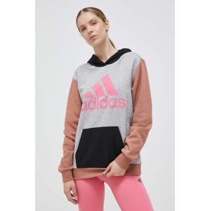 Dukserica adidas za žene, boja: siva, s kapuljačom, s uzorkom