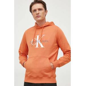 Pamučna dukserica Calvin Klein Jeans za muškarce, boja: narančasta, s kapuljačom, s tiskom, J30J320805