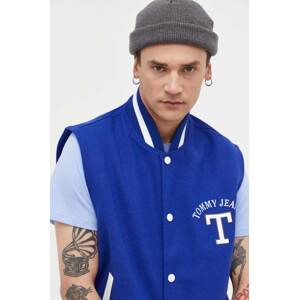 Prsluk s primjesom vune Tommy Jeans boja: tamno plava, za prijelazno razdoblje