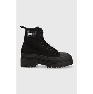 Gležnjače Tommy Jeans TJW FOXING CANVAS BOOT za žene, boja: crna, s platformom, EN0EN02216