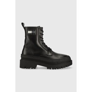Kožne čizme Tommy Jeans TJW FOXING LACE UP za žene, boja: crna, ravni potplat, EN0EN02217