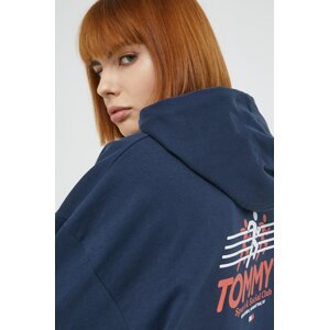 Pamučna dukserica Tommy Jeans za žene, boja: tamno plava, s kapuljačom, s tiskom