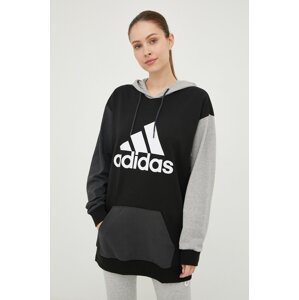 Pamučna dukserica adidas za žene, boja: crna, s kapuljačom, s tiskom