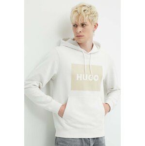 Pamučna dukserica HUGO za muškarce, boja: bež, s kapuljačom, s tiskom