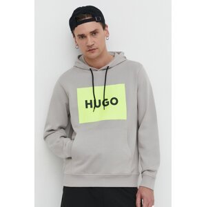 Pamučna dukserica HUGO za muškarce, boja: siva, s kapuljačom, s tiskom, 50473168