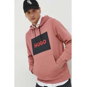 Pamučna dukserica HUGO za muškarce, boja: ružičasta, s kapuljačom, s tiskom, 50473168