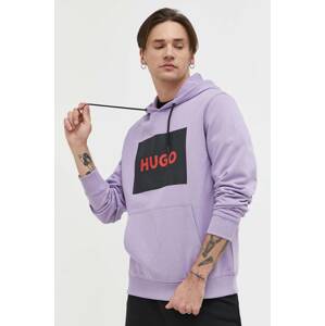 Pamučna dukserica HUGO za muškarce, boja: ljubičasta, s kapuljačom, s tiskom, 50473168