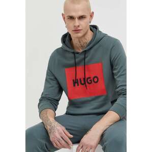 Pamučna dukserica HUGO za muškarce, boja: zelena, s kapuljačom, s tiskom, 50473168