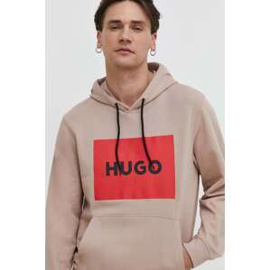 Pamučna dukserica HUGO za muškarce, boja: bež, s kapuljačom, s tiskom, 50473168