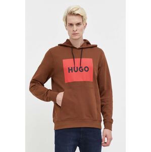 Pamučna dukserica HUGO za muškarce, boja: smeđa, s kapuljačom, s tiskom, 50473168