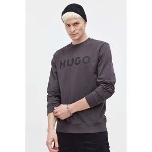 Pamučna dukserica HUGO za muškarce, boja: siva, s tiskom, 50477328