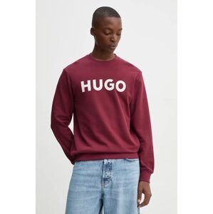 Pamučna dukserica HUGO za muškarce, boja: crvena, s tiskom