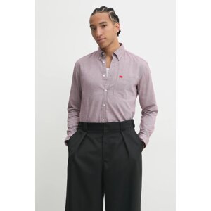 Pamučna košulja HUGO za muškarce, boja: ružičasta, slim, s button-down ovratnikom