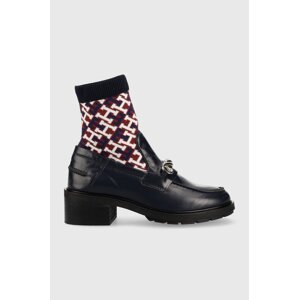 Kožne gležnjače Tommy Hilfiger Tommy Monogram Bootie za žene, boja: tamno plava, s debelom petom
