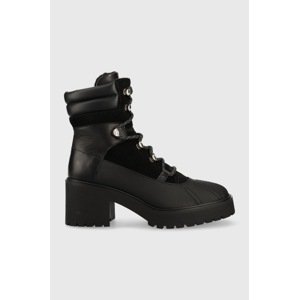 Kožne gležnjače Tommy Hilfiger Heel Laced Outdoor Boot za žene, boja: crna, s debelom petom, s polutoplom podstavom