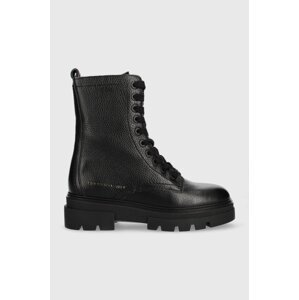 Kožne čizme Tommy Hilfiger Monochromatic Lace Up Boot Monochromatic Lace Up Boot, za žene, boja: crna, ravna potpetica