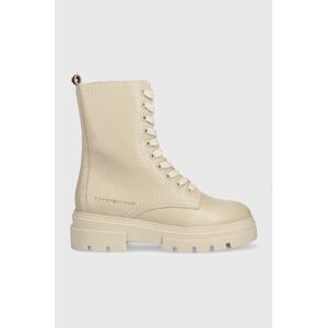 Kožne čizme Tommy Hilfiger Monochromatic Lace Up Boot za žene, boja: bež, ravna potpetica