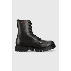 Kožne čizme Tommy Jeans Tommy Jeans Lace Up Wmns Boot za žene, boja: crna, ravna potpetica