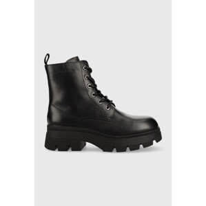 Kožne čizme Calvin Klein Jeans Chunky Combat Laceup Boot za žene, boja: crna, ravna potpetica