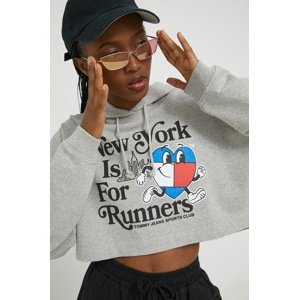Pamučna dukserica Tommy Jeans za žene, boja: siva, s kapuljačom, s tiskom