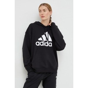 Pamučna dukserica adidas za žene, boja: crna, s kapuljačom, s tiskom