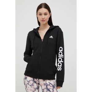 Pamučna dukserica adidas za žene, boja: crna, s kapuljačom, s tiskom