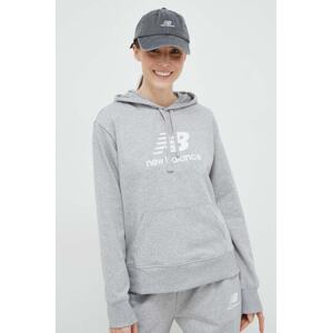 Dukserica New Balance za žene, boja: siva, s kapuljačom, s tiskom