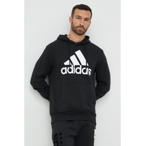 Pamučna dukserica adidas za muškarce, boja: crna, s kapuljačom, tiskom