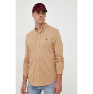 Pamučna košulja Polo Ralph Lauren za muškarce, boja: bež, regular, o button-down ovratnikom, 710654408