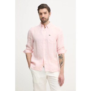 Lanena košulja Lacoste boja: ružičasta, regular, s button-down ovratnikom