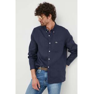 Lanena košulja Lacoste boja: tamno plava, regular, o button-down ovratnikom