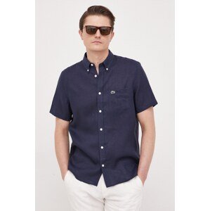 Lanena košulja Lacoste boja: tamno plava, regular, o button-down ovratnikom