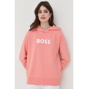 Pamučna dukserica BOSS za žene, boja: narančasta, s kapuljačom, s tiskom, 50468367