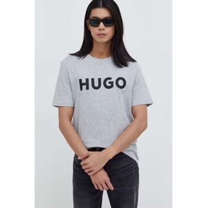 Pamučna majica HUGO za muškarce, boja: siva, s tiskom, 50467556