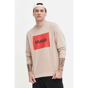 Pamučna dukserica HUGO za muškarce, boja: bež, s tiskom, 50467944