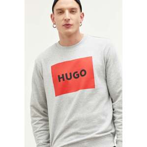 Pamučna dukserica HUGO za muškarce, boja: siva, s tiskom, 50467944