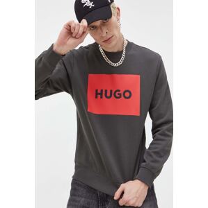 Pamučna dukserica HUGO za muškarce, boja: siva, s tiskom, 50467944