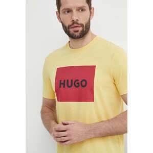 Pamučna majica HUGO za muškarce, boja: žuta, s tiskom, 50467952