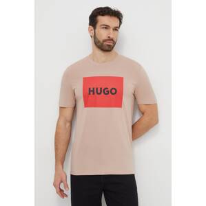 Pamučna majica HUGO boja: bež, s tiskom, 50467952
