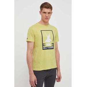 Pamučna majica Helly Hansen za muškarce, boja: žuta, s tiskom