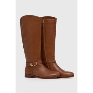 Kožne čizme Lauren Ralph Lauren Brooke Tall za žene, boja: smeđa, ravni potplat, 802937804002
