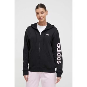 Pamučna dukserica adidas za žene, boja: crna, s kapuljačom, aplikacijom