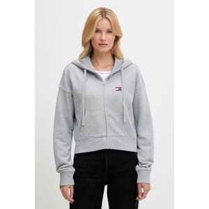 Pamučna dukserica Tommy Jeans za žene, boja: siva, s kapuljačom, s aplikacijom, DW0DW21147