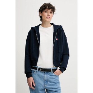 Pamučna dukserica Tommy Jeans za žene, boja: tamno plava, s kapuljačom, s aplikacijom, DW0DW21147