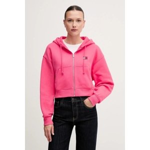 Pamučna dukserica Tommy Jeans za žene, boja: ružičasta, s kapuljačom, s aplikacijom, DW0DW21355