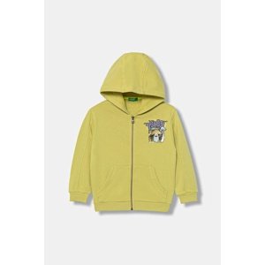 Dječja pamučna dukserica United Colors of Benetton boja: zelena, s kapuljačom, s tiskom, 33NVG5041