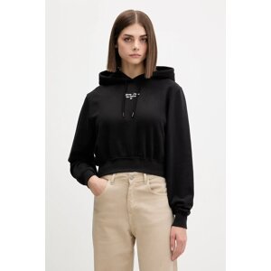 Pamučna dukserica Tommy Jeans za žene, boja: crna, s kapuljačom, s tiskom, DW0DW22170